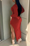 Red Casual Solid Slit V Neck Long Sleeve Dresses