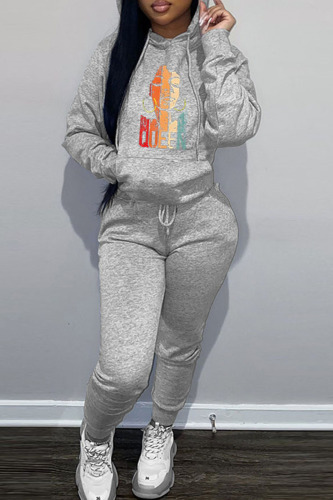 Grey Casual Print Patchwork Hooded Collar Long Sleeve Two Pieces