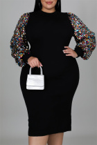 Black Casual Patchwork Sequins Half A Turtleneck Long Sleeve Plus Size Dresses
