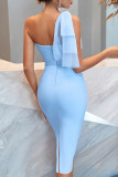 Sky Blue Sexy Formal Solid Patchwork Backless One Shoulder Evening Dress Dresses