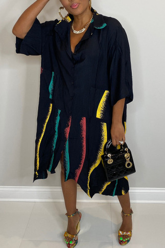 Black Casual Print Patchwork Buckle Turndown Collar Shirt Dress Dresses