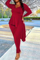 Red Casual Solid Flounce U Neck Plus Size Two Pieces