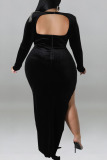 Black Sexy Solid Patchwork Metal Accessories Decoration Slit O Neck Long Sleeve Plus Size Dresses