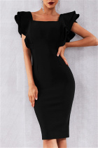 Black Sexy Formal Solid Patchwork Square Collar Short Sleeve Dress Dresses