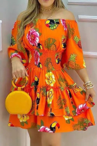 Orange Casual Print Patchwork Off the Shoulder Cake Skirt Dresses