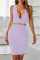 Light Purple Sexy Casual Solid Hollowed Out Patchwork V Neck Sleeveless Dress