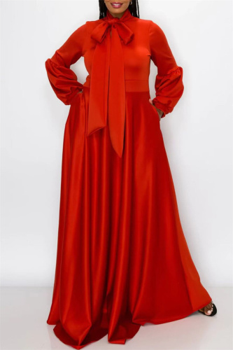 Red Casual Solid With Bow O Neck Long Sleeve Plus Size Dresses