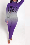 Purple Casual Gradual Change Letter O Neck Long Sleeve Two Pieces