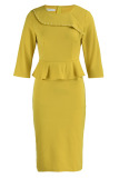 Yellow Elegant Solid Patchwork Flounce Beading O Neck One Step Skirt Dresses