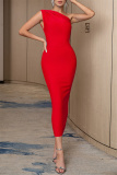 Red Sexy Formal Solid Patchwork Backless Oblique Collar Evening Dress Dresses