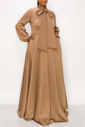 Khaki Casual Solid With Bow O Neck Long Sleeve Plus Size Dresses