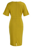 Yellow Casual Elegant Solid Patchwork Slit O Neck One Step Skirt Dresses