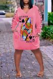 Pink Casual Print Patchwork V Neck Long Sleeve Dresses