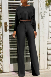 Black Street Solid Flounce O Neck Long Sleeve Two Pieces