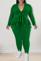 Green Casual Solid Patchwork Flounce Asymmetrical V Neck Plus Size Two Pieces