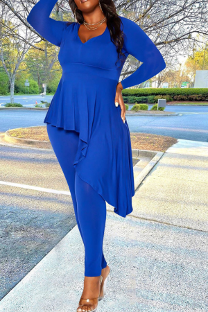 Blue Casual Solid Flounce U Neck Plus Size Two Pieces
