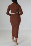 Brownness Sexy Casual Solid Patchwork Contrast V Neck Long Sleeve Dresses