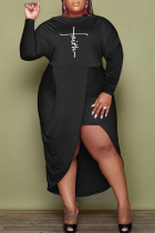 Black Casual Print Patchwork O Neck Long Sleeve Plus Size Dresses