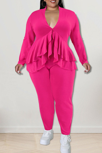 Rose Red Casual Solid Patchwork Flounce Asymmetrical V Neck Plus Size Two Pieces