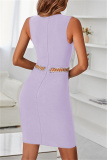 Light Purple Sexy Casual Solid Hollowed Out Patchwork V Neck Sleeveless Dress