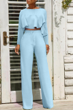 Sky Blue Street Solid Flounce O Neck Long Sleeve Two Pieces