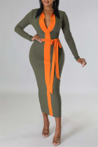 Army Green Sexy Casual Solid Patchwork Contrast V Neck Long Sleeve Dresses