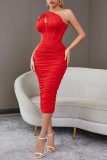 Red Sexy Formal Solid Hollowed Out Backless Fold One Shoulder Evening Dress Dresses