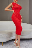 Red Sexy Formal Solid Hollowed Out Backless Fold One Shoulder Evening Dress Dresses