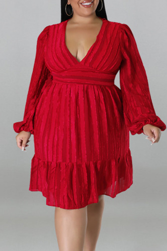 Red Casual Solid Patchwork Fold V Neck Straight Dresses