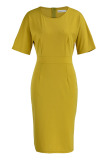 Yellow Casual Elegant Solid Patchwork Slit O Neck One Step Skirt Dresses