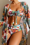 White Sexy Print  Long Sleeve Swimsuit Three Piece Set