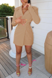 Black Casual Solid Bandage Hollowed Out Turn-back Collar Long Sleeve Dresses