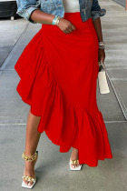 Red Casual Solid Patchwork Flounce Asymmetrical High Waist Solid Color Bottoms