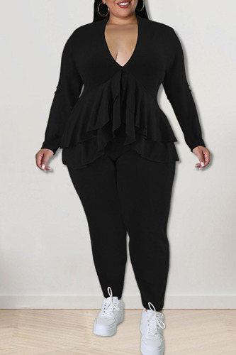 Black Casual Solid Patchwork Flounce Asymmetrical V Neck Plus Size Two Pieces