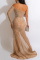 Apricot Sexy Patchwork Hot Drilling See-through Backless Slit Off the Shoulder Long Sleeve Dresses