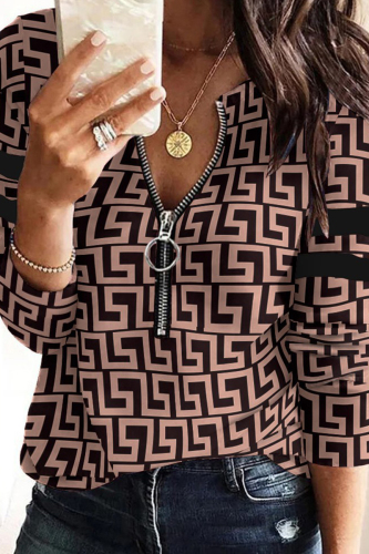 Khaki Casual Print Patchwork O Neck Tops
