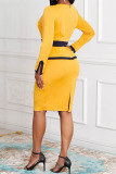 Yellow Casual Work Solid Patchwork Square Collar One Step Skirt Dresses
