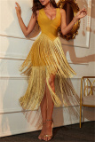 Gold Sexy Patchwork Tassel V Neck Evening Dress