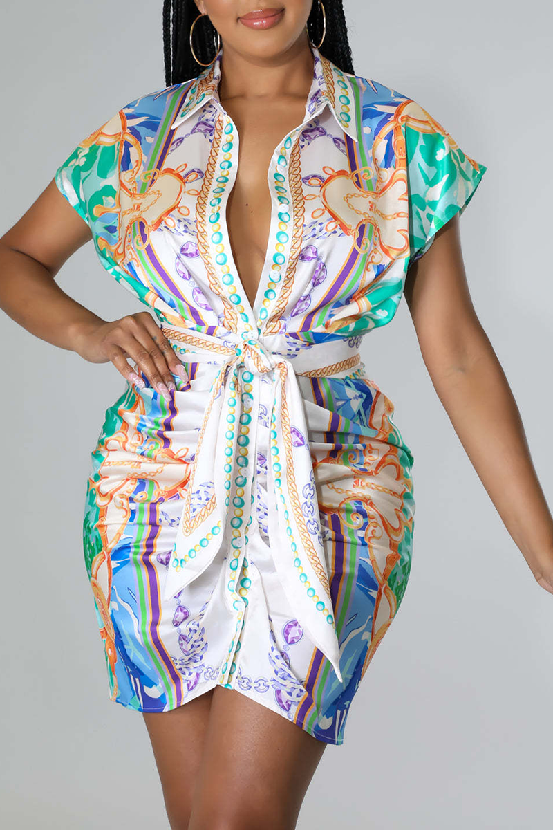 Casual Vintage Geometric Print Patchwork Turndown Collar Shirt Dress Dresses