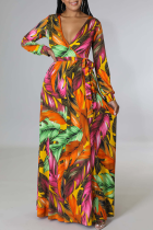 Yellow Street Print Patchwork V Neck Waist Skirt Dresses