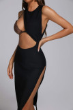 Black Sexy Formal Patchwork Hollowed Out Slit O Neck Evening Dress