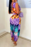 Purple Sexy Casual Print Tie Dye Hollowed Out Slit V Neck Regular Jumpsuits