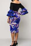 Blue Sexy Print Patchwork Off the Shoulder One Step Skirt Dresses