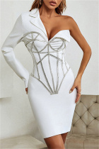 White Sexy Formal Patchwork Hot Drilling Backless One Shoulder Evening Dress