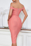 Pink Sexy Formal Solid Patchwork Backless Off the Shoulder Evening Dress