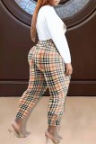 Brown Fashion Casual Plaid Letter U Neck Long Sleeve Two Pieces