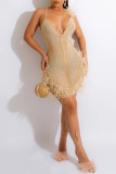 Apricot Sexy Patchwork Hot Drilling Feathers Backless Spaghetti Strap Sleeveless Dress