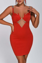 Red Sexy Formal Solid Patchwork See-through Backless Spaghetti Strap Evening Dress