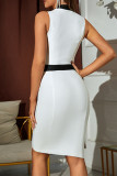 Black White Sexy Formal Solid Patchwork Zipper Collar Sleeveless Dress