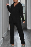 Black Casual Solid Patchwork Buckle Fold Turndown Collar Long Sleeve Two Pieces